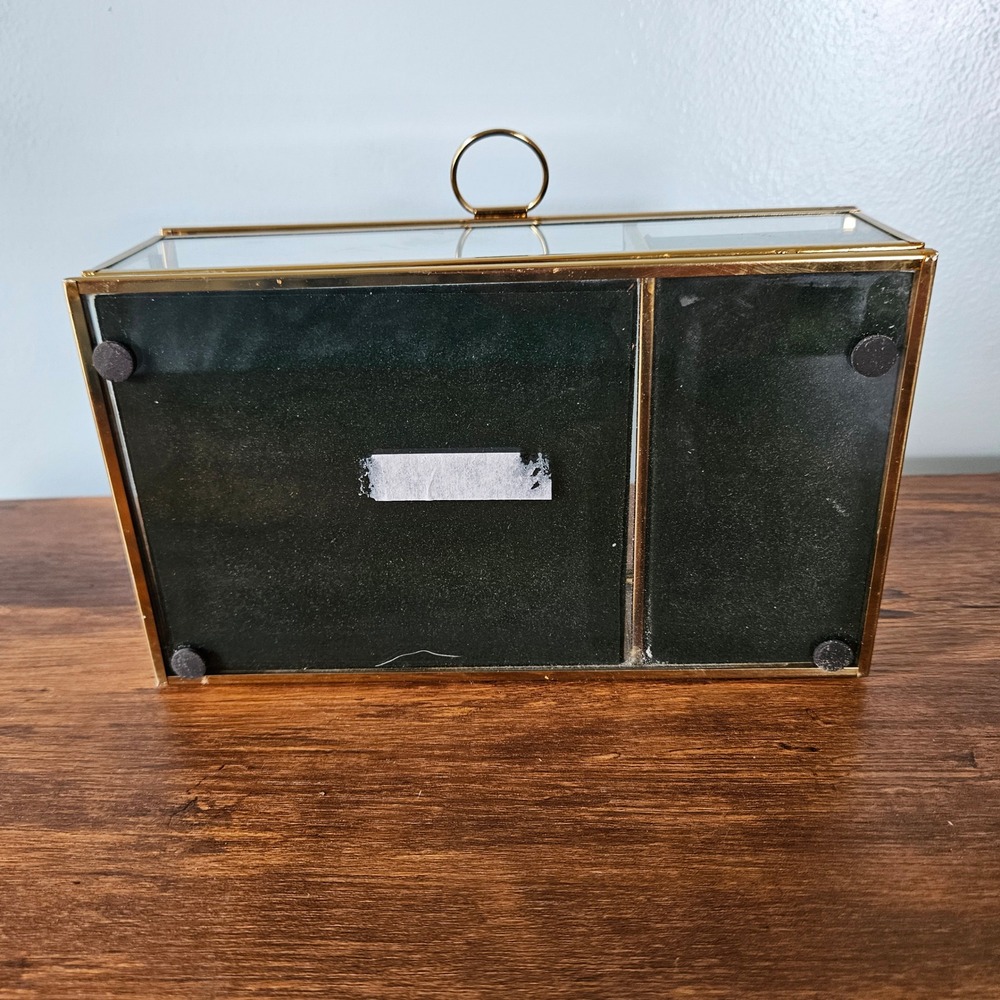Brass Gold Glass Jewelry Box Green Velvet Lining 2 Compartment Trinket Case - Picture 5 of 6